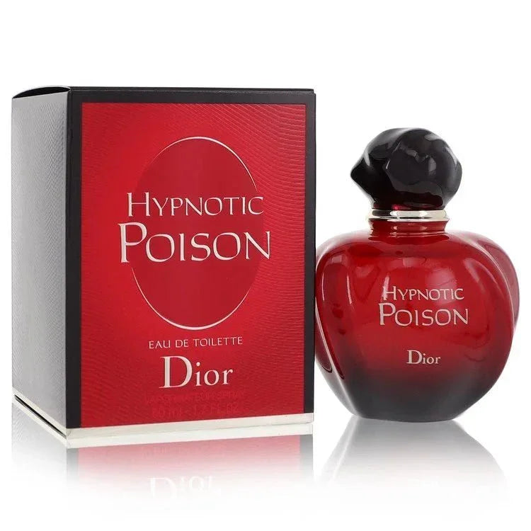 Hypnotic Poison Eau de Toilette red perfume bottle and box for women, visible Dior branding