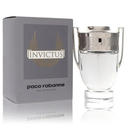Invictus by Paco Rabanne Eau de Toilette spray for men with trophy-shaped bottle and box