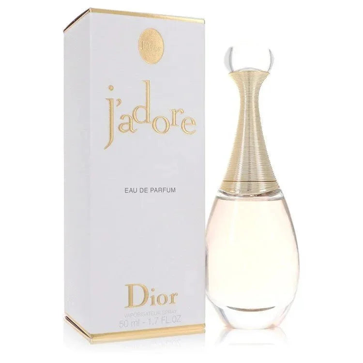 J'adore Eau de Parfum spray by Dior for women with gold and white packaging, 50ml bottle