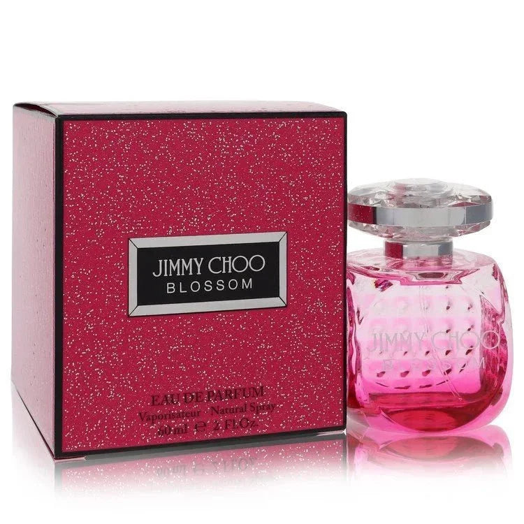 Pink glittery box and clear pink glass bottle of Jimmy Choo Blossom eau de parfum