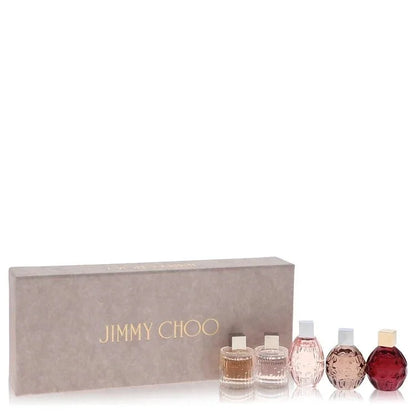 Jimmy Choo perfume gift set with five assorted mini fragrance bottles and branded box.