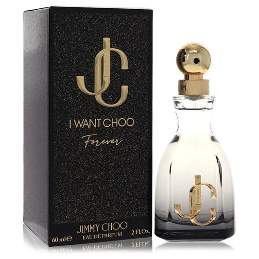 Elegant perfume bottle and box with gold accents labeled I Want Choo Forever Eau de Parfum.