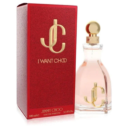 Red and gold box with matching glass perfume bottle, labeled 'I Want Choo' Eau de Parfum.