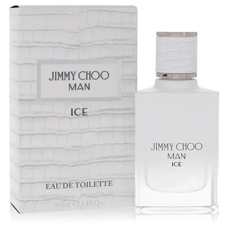 Jimmy Choo Man Ice Eau de Toilette spray bottle and box for men, white crocodile pattern
