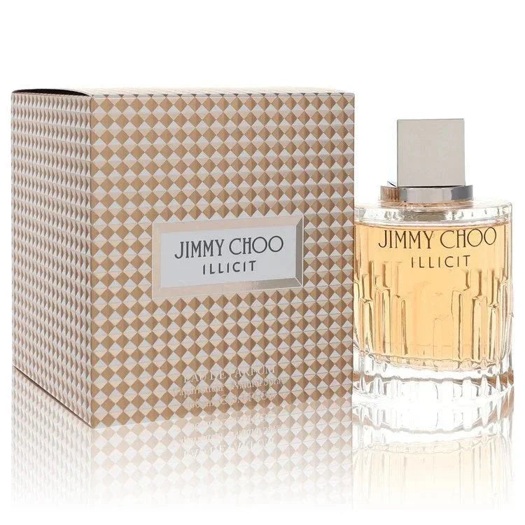 Jimmy Choo Illicit Eau de Parfum spray for women with gold patterned box and clear bottle