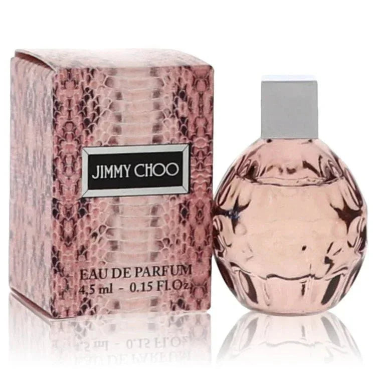 Jimmy Choo Eau de Parfum spray and box with pink reptile pattern, 4.5ml mini perfume.