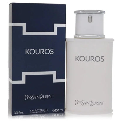 Kouros Eau de Toilette spray for men with navy box and white bottle, 100 ml
