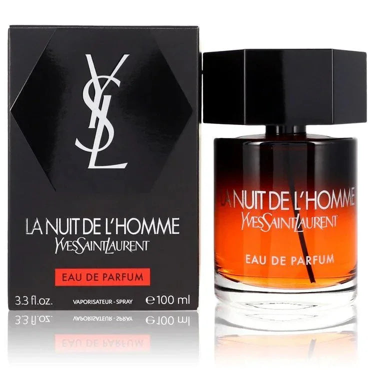 La Nuit De L'Homme Eau de Parfum spray bottle and box for men, 100ml, luxury cologne