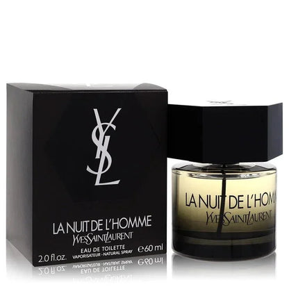 La Nuit De L’Homme Eau de Toilette spray for men, black box and glass fragrance bottle, 60ml