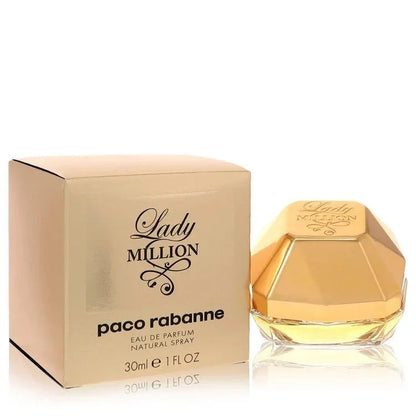Lady Million perfume by Paco Rabanne, gold box and diamond-shaped bottle, 30ml size.