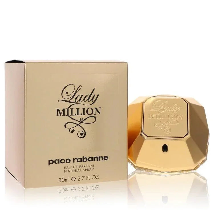 Lady Million Eau de Parfum spray for women with gold packaging and faceted bottle