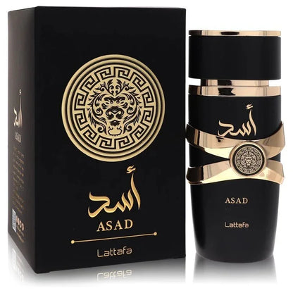 Lattafa Asad Eau de Parfum signature luxury heavy black architectural flacon wrapped inside ornate high-contrast gold-toned metallic branches and banding layout, capped with a uniform uniform matching closure detail against a solid backdrop