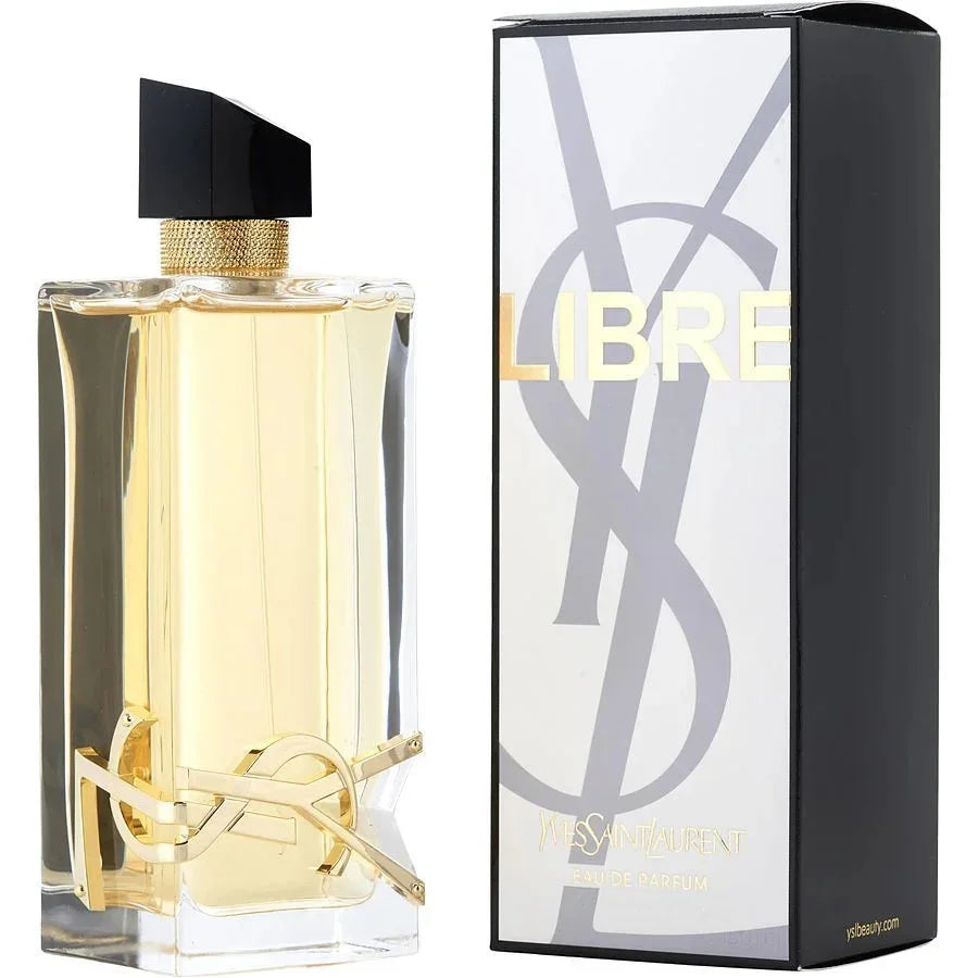 Libre Eau de Parfum spray for women with gold accent bottle and branded box
