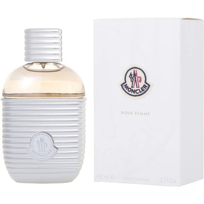 Moncler Pour Femme Eau de Parfum spray bottle and box for women, 60ml, silver ribbed design