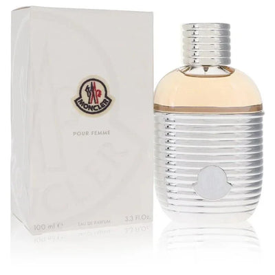 Moncler Pour Femme Eau de Parfum spray with silver-striped bottle and box, 100ml