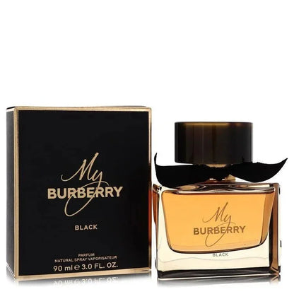 My Burberry Black perfume bottle and box with gold lettering, luxury fragrance for women