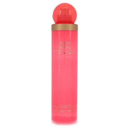 Coral pink Perry Ellis 360 Coral perfume spray bottle for women, 8 fl oz, with gold cap.