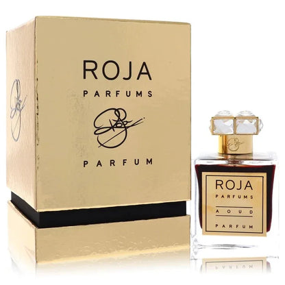 Roja Aoud Perfume bottle — luxury rose oud Parfum with lemon, bergamot, verbena, rose de mai, saffron, aoud, leather, ambergris, sandalwood, vanilla, patchouli, and musk.