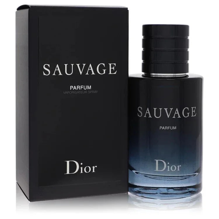 Sauvage Parfum eau de parfum spray for men with gradient blue bottle and matching box.