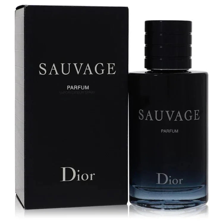 Sauvage Parfum spray for men, black gradient bottle next to matching box