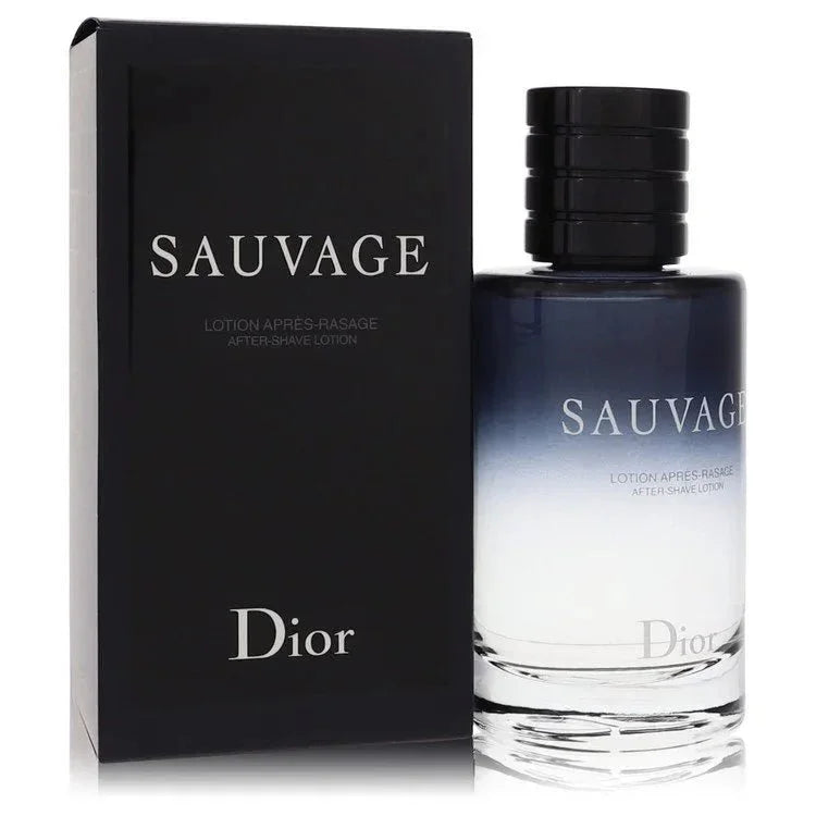 Sauvage after shave lotion for men, gradient glass bottle and box with silver text