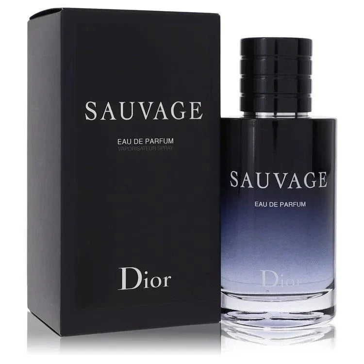 Sauvage Eau de Parfum spray bottle and box, gradient black and blue design, for men