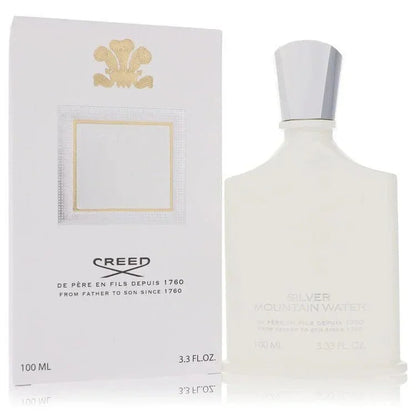 Creed Silver Mountain Water cologne 100ml bottle and box, sleek white packaging
