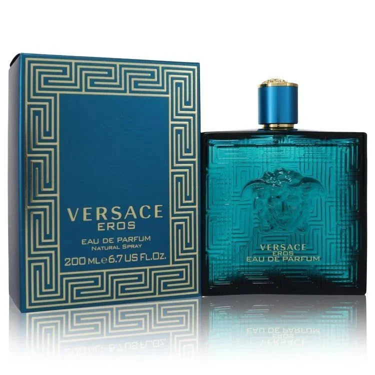 Versace Eros Eau de Parfum for men, 200ml blue bottle and box with gold geometric design