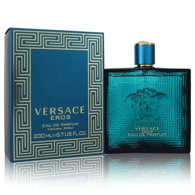 Versace Eros Eau de Parfum for men, 200ml blue bottle and box with gold geometric design