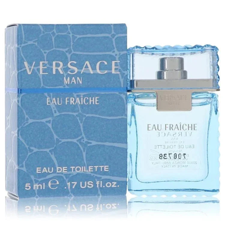 Versace Man Eau Fraîche Eau de Toilette spray and box, 5ml travel size, light blue packaging