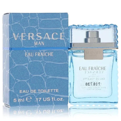 Versace Man Eau Fraîche Eau de Toilette spray and box, 5ml travel size, light blue packaging