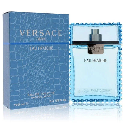 Versace Man Eau Fraiche Eau de Toilette spray bottle and blue textured box for men