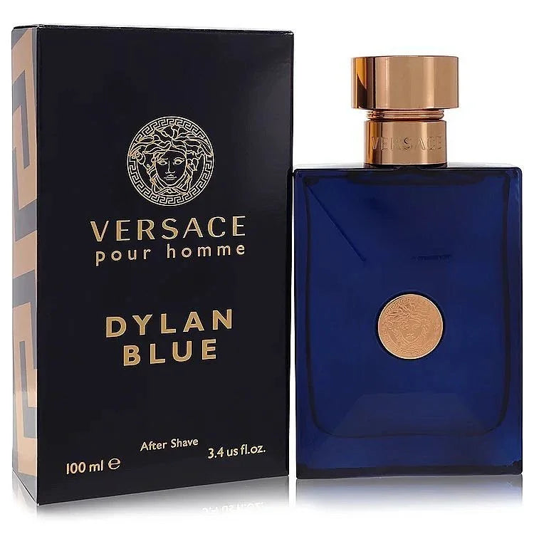 Versace Pour Homme Dylan Blue cologne 100ml bottle and box for men, blue and gold design
