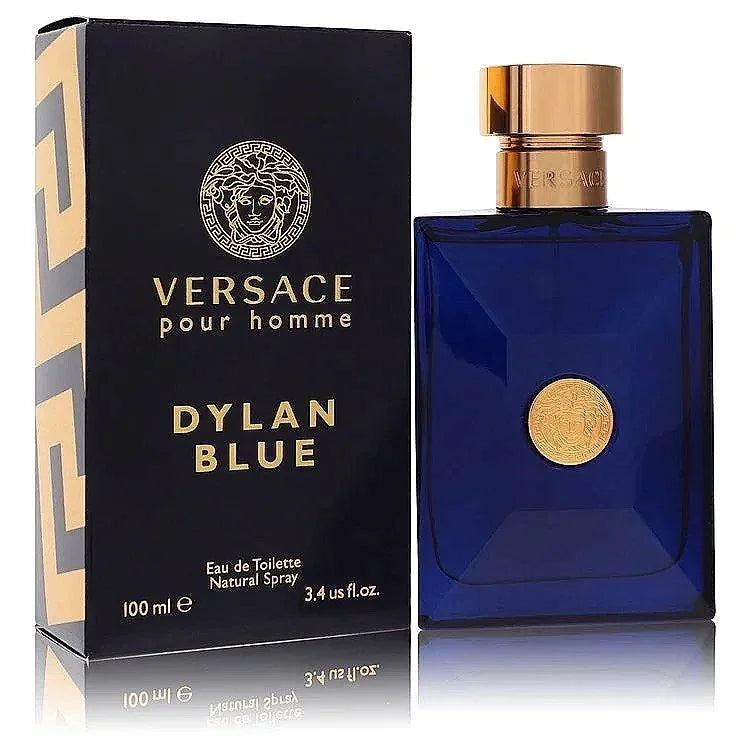 Versace Pour Homme Dylan Blue cologne bottle and box, blue and gold, 100ml Eau de Toilette