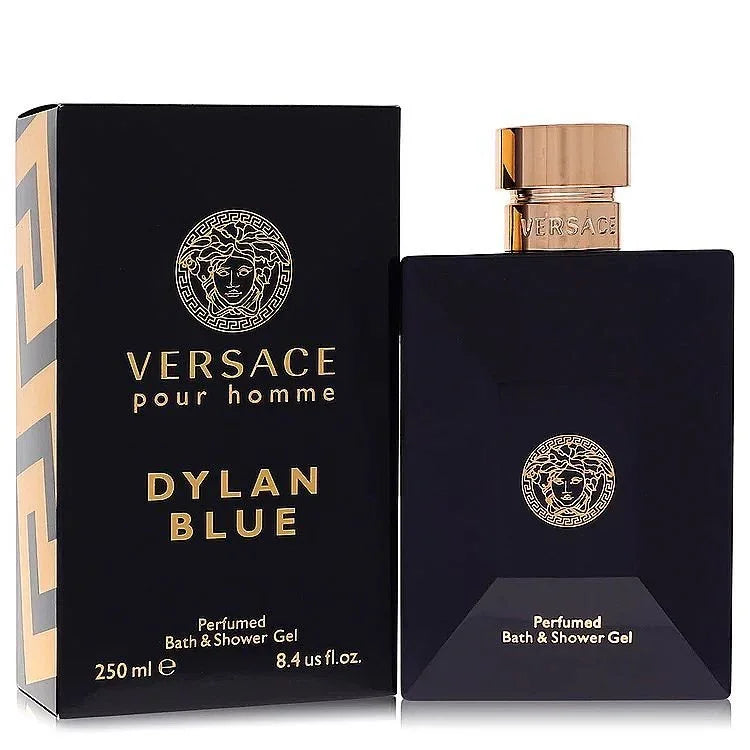 Versace Dylan Blue pour homme bath and shower gel bottle and box in navy with gold accents