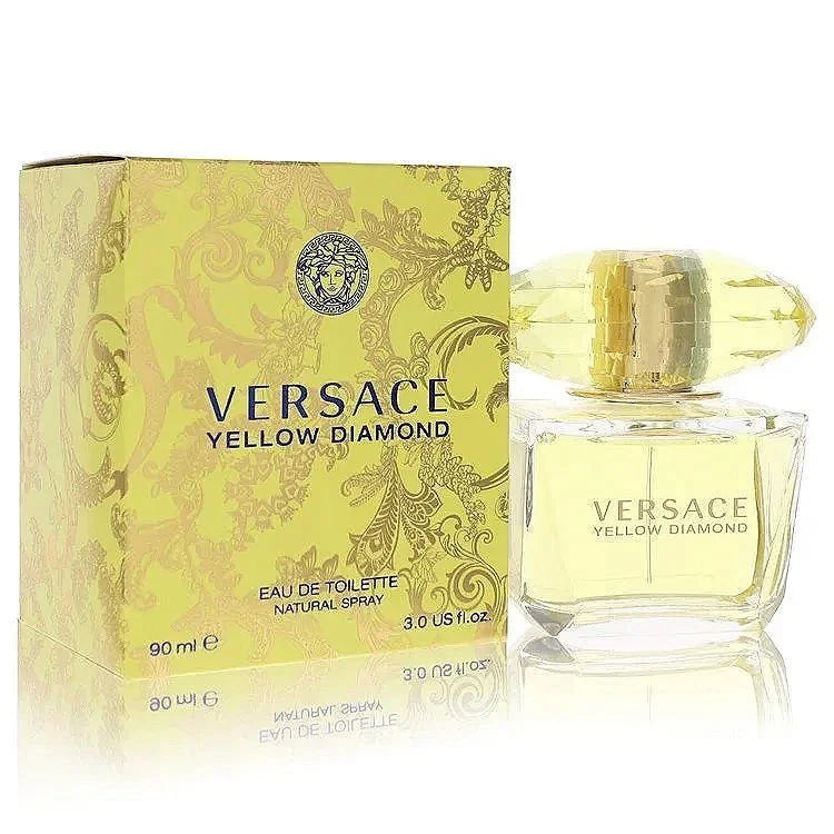Versace Yellow Diamond perfume bottle and box, floral yellow packaging, eau de toilette for women