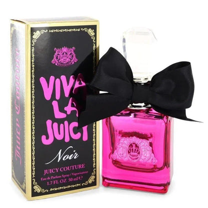 Viva La Juicy Noir perfume bottle with black bow beside branded box, pink and gold design.