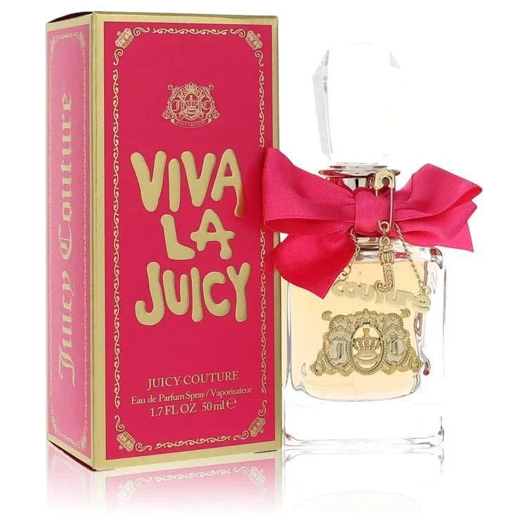 Viva La Juicy perfume bottle with pink bow and matching pink and gold box, 50ml Eau de Parfum spray.